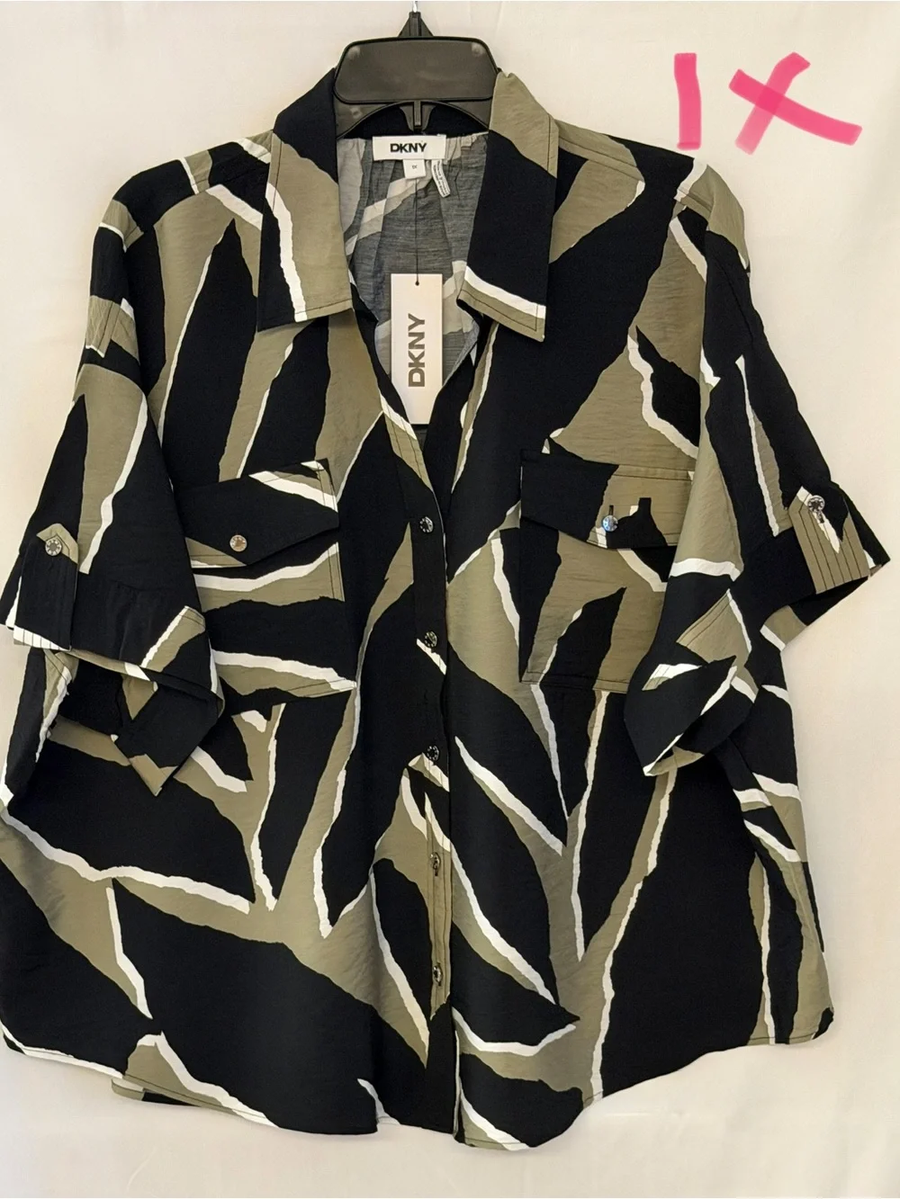 DKNY Black, Olive & White Abstract Print Button-Down Shirt